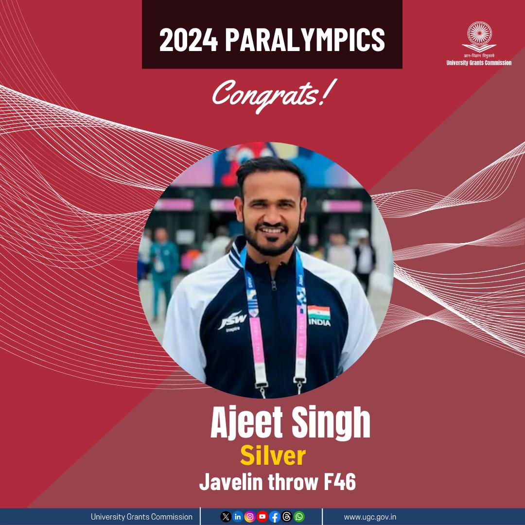 🎉 Congratulations to Ajeet Singh for winning the Silver Medal at the Paris Paralympics in Men's javelin throw F46.

#Paris2024 #ParisParalympics #paraolympics #olympics #OlympicGames #olympic2024 #IndianSports #India #Cheer4India #TeamIndia