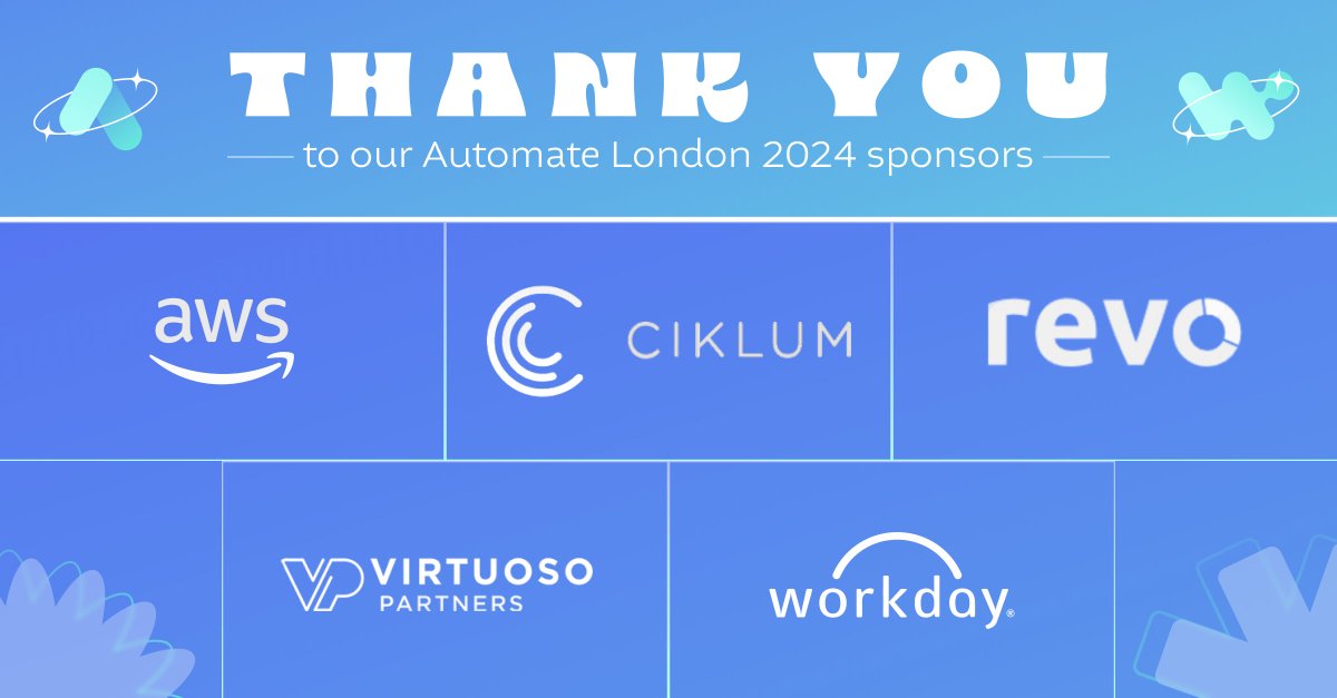 We are incredibly thankful to our amazing sponsors for making Automate London 2024 a reality! Your support and partnership are key to bringing together the brightest minds in automation and integration.

@AWScloud | <a href="/Workday/">Workday</a> | revo | <a href="/ciklum/">Ciklum</a> | <a href="/VirtuosoPtnrs/">Virtuoso Partners</a> | #AutomateLondon2024
