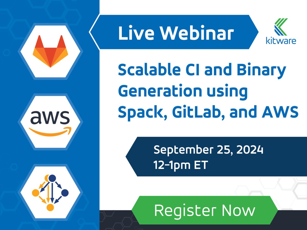 Kitware's tweet image. 📢 New webinar alert! Struggling with C/C++ dependencies? Join our FREE webinar to learn how #Spack #GitLabCI and #AWS can be used to automate your software builds. Register now: kitware.com/webinars/scala… #SoftwareEngineering