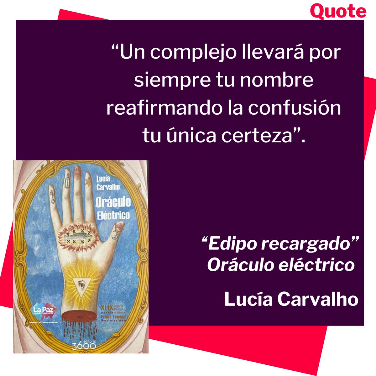 HabEscritoras's tweet photo. [✒️✒️✒️]  “Un complejo llevará por siempre tu nombre reafirmando la confusión tu única certeza”. “Edipo recargado” Oráculo eléctrico (Editorial 3600, 2023) Lucía Carvalho.

@Editorial_3600 #luciacarvalho

Somos #hablemosescritoras #curadoresliterarios #audiobooks #escritorasconsagradas #escritorasconsolidadas #escritorasemergentes #podcastespañol #podcastspanish #enciclopedia