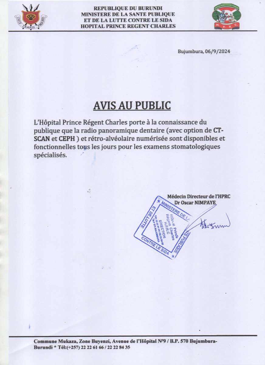 L’Hôpital Prince Régent Charles porte à la connaissance du publique que la radio panoramique dentaire(avec option de CT-SCAN et CEPH) et rétro-alvéolaire numérisée sont disponibles et fonctionnelles tous les jours pour les examens stomatologiques spécialisés.