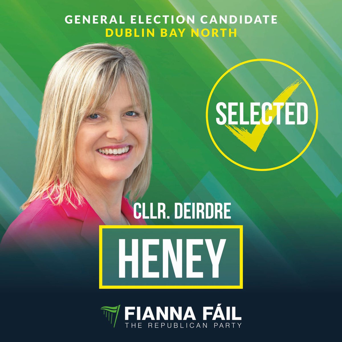 Fianna Fáil (@fiannafailparty) on Twitter photo Congratulations to Cllr. <a href="/DeirdreHeney/">Deirdre Heney</a> who has been added to the ticket for the Dublin Bay North Constituency for the next general election.
She will join Cllr. Tom Brabazon on the ticket. Congratulations to Cllr. <a href="/DeirdreHeney/">Deirdre Heney</a> who has been added to the ticket for the Dublin Bay North Constituency for the next general election.
She will join Cllr. Tom Brabazon on the ticket.