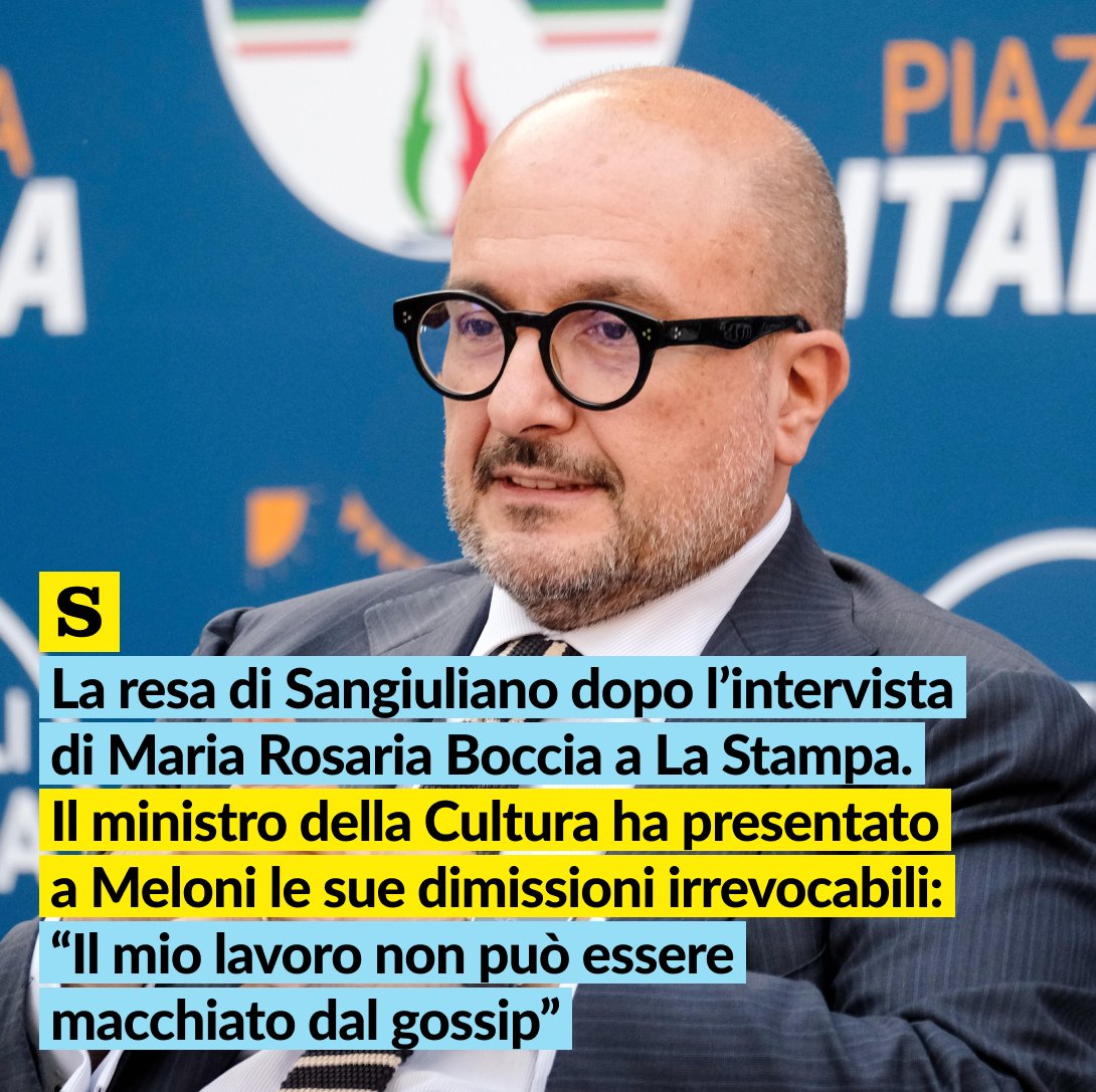LaStampa's tweet image. Gennaro Sangiuliano si arrende e – con una lettera a Giorgia Meloni – annuncia le dimissioni irrevocabili da ministro della Cultura. E questa volta, a differenza di due giorni fa, la presidente del Consiglio le accetterà. La notizia completa su La Stampa 

#sangiuliano #boccia