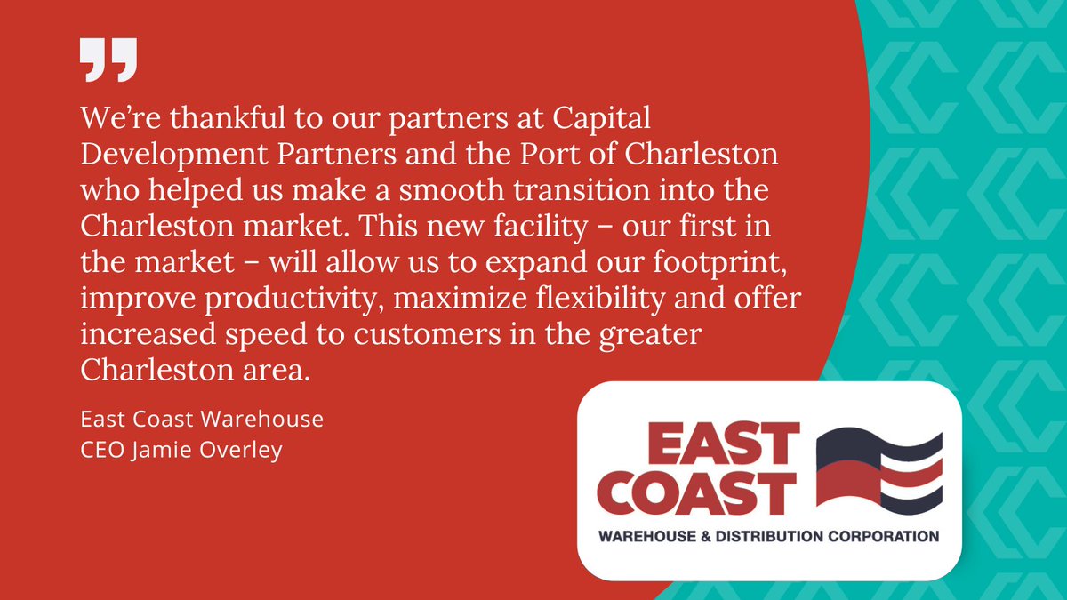 Congratulations to East Coast Warehouse &amp; Distribution on establishing operations in Charleston County! 

Read more: bit.ly/3Xuo6a5

<a href="/SCcommerce/">SC Dept. of Commerce</a>, <a href="/SCPorts/">South Carolina Ports</a>, <a href="/NorthCharleston/">North Charleston</a>,  Capital Development Partners

#cced #economicdevelopment