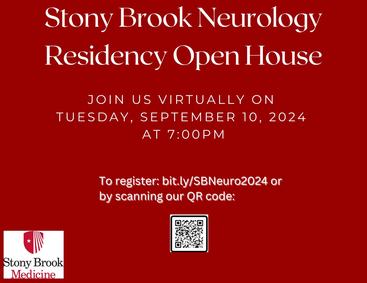 REMINDER:  Join us virtually on Tuesday, September 10th at 7pm EST for our Residency Open House

#neurologymatch2025 #neurologymatch #Neurology #neurologyresidency

bit.ly/SBNeuro2024