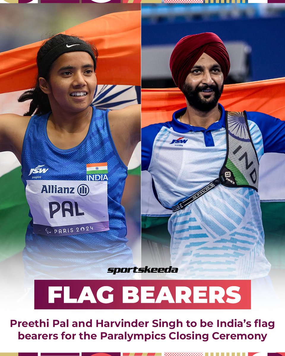Pk3Premnath's tweet image. Congratulations #HarvinderSingh , who struck gold in Para Archery, and #PreethiPal, who clinched two stunning bronze medals in track events, will carry the tricolor high at the Closing Ceremony of #Paralympics2024! 
 #flagbearer #paris2024 #paralympics