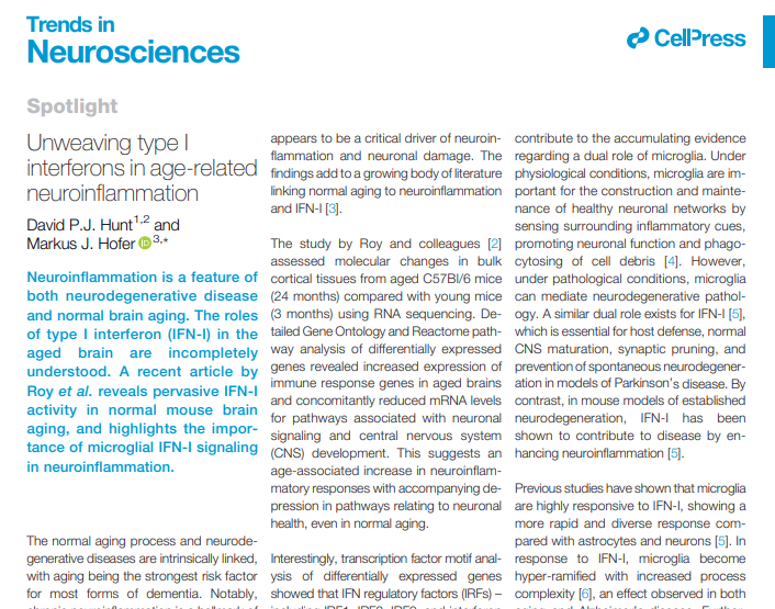 Trends in Neurosciences (@trendsneuro) on Twitter photo 'Unweaving type I interferons in age-related neuroinflammation'
<a href="/TrendsNeuro/">Trends in Neurosciences</a> Spotlight by David Hunt & Markus Hofer
cell.com/trends/neurosc…
discussing Roy et al. 2024, <a href="/MolNeuro/">Molecular Neurodegeneration</a>, @WeiCao_PhD group
…arneurodegeneration.biomedcentral.com/articles/10.11… 'Unweaving type I interferons in age-related neuroinflammation'
<a href="/TrendsNeuro/">Trends in Neurosciences</a> Spotlight by David Hunt & Markus Hofer
cell.com/trends/neurosc…
discussing Roy et al. 2024, <a href="/MolNeuro/">Molecular Neurodegeneration</a>, @WeiCao_PhD group
…arneurodegeneration.biomedcentral.com/articles/10.11…