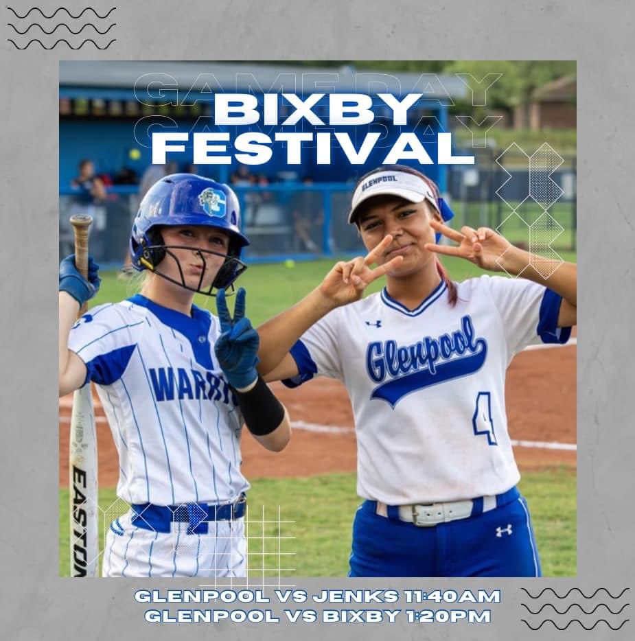 🥎: Glenpool Lady Warrior Softball Friday and Saturday 

📆: September 6 
Glenpool 🆚 Jenks 11:40PM
Glenpool 🆚 Bixby 1:20PM
📆:September 7: TBA
📍Bixby HS