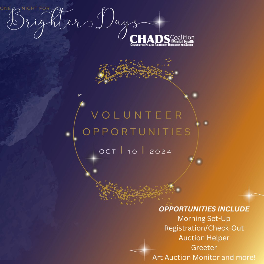 📣 Calling all volunteers! Join us for our "One Night for Brighter Days" Gala on Oct 10! 🌟 Help support our mission to prevent youth depression &amp; suicide.

Roles: Set-up, Registration, Auction, Greeter &amp; more. 💙
Sign up today: forms.office.com/r/6ey76tpKRX

#BrighterDays #Volunteer
