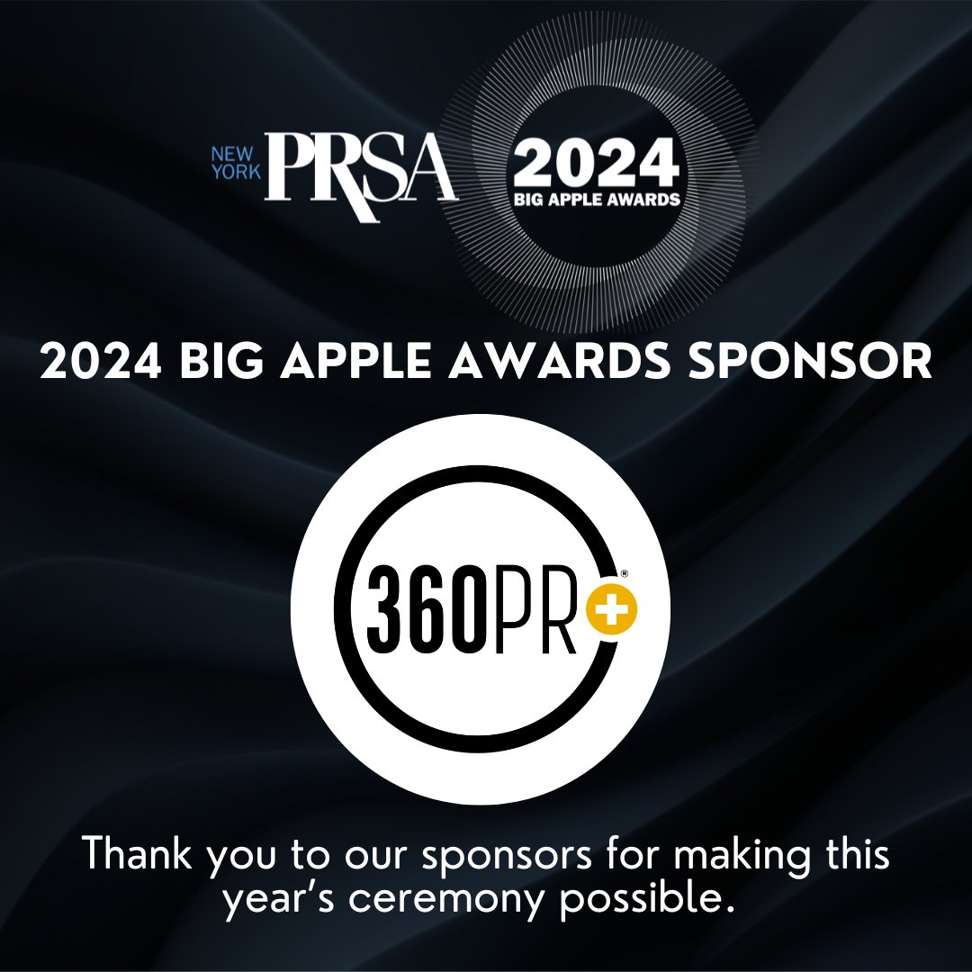 PRSA-NY thanks 360PR+ for sponsoring the #2024BigAppleAwards. 

360PR+ is an award-winning, leading, independent integrated communications and marketing agency, certified women-owned business and partner in PROI Worldwide.

Learn more at 360pr.plus

#PRSANY