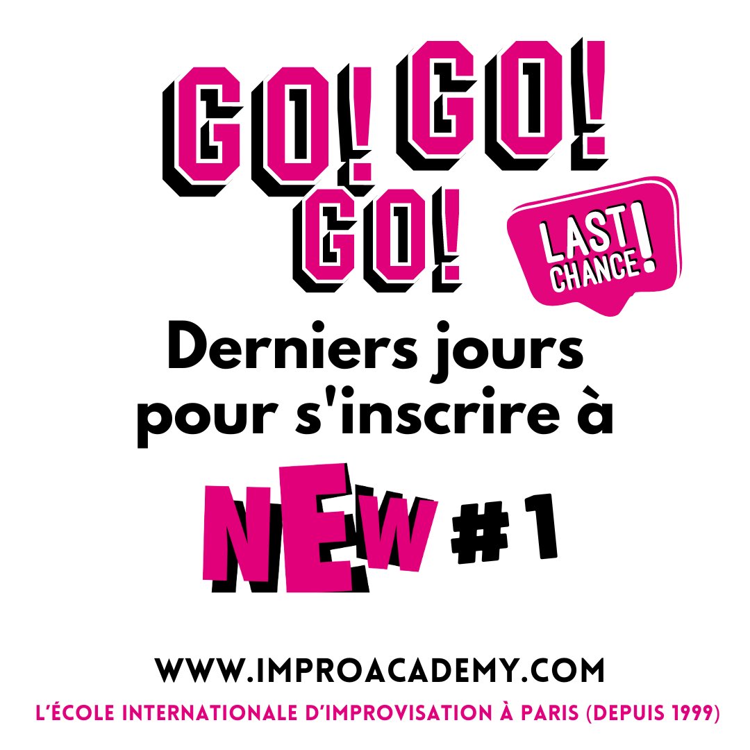 Perrine Megret (@megperrine) on Twitter photo Si t’as pas été nommé.e premier.e ministre, on te propose un atelier du lundi. Il reste encore des places pour NEW 1 : ateliers d’initiation à la comédie musicale improvisée, ouverts à tous/toutes !
INSCRIPTION : new.improacademy@gmail.com
+ D’infos : improacademy.com/cours-de-comed… Si t’as pas été nommé.e premier.e ministre, on te propose un atelier du lundi. Il reste encore des places pour NEW 1 : ateliers d’initiation à la comédie musicale improvisée, ouverts à tous/toutes !
INSCRIPTION : new.improacademy@gmail.com
+ D’infos : improacademy.com/cours-de-comed…