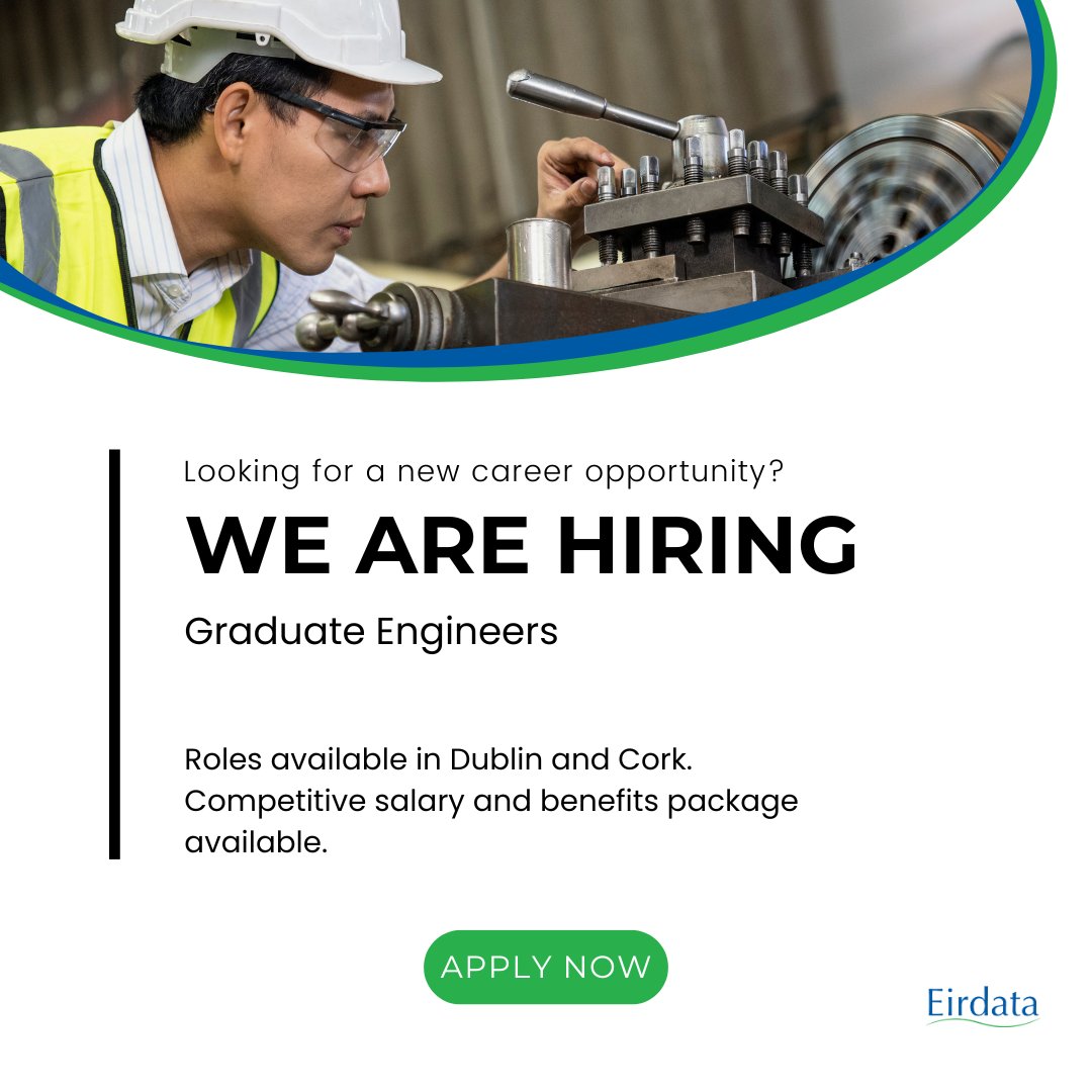 Kickstart your engineering career with Eirdata!

We're hiring Graduate Engineers in Cork &amp; Dublin. Work on HVAC, cleanroom validation &amp; energy-saving projects. 

Apply now:
📍 Cork: bit.ly/4e7ZIRL
📍 Dublin:bit.ly/4eb1l0h 

#jobfairy