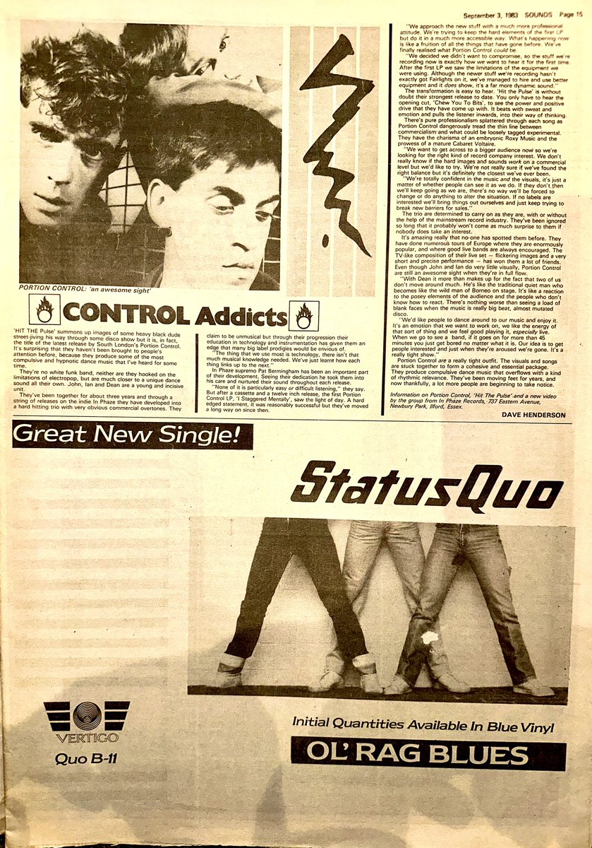 ZoundsAbound's tweet image. Features this week by Sandy Robertson, who struggles to put a label on #AnnabelLamb, Dave Henderson loves the ‘compulsive dance music’ of #PortionControl, Johnny Waller finds #Jeanette not as he expected &amp;amp; Mark Putterford meets inexperienced #HeavyPettin 

Sounds Sep 3rd 1983
