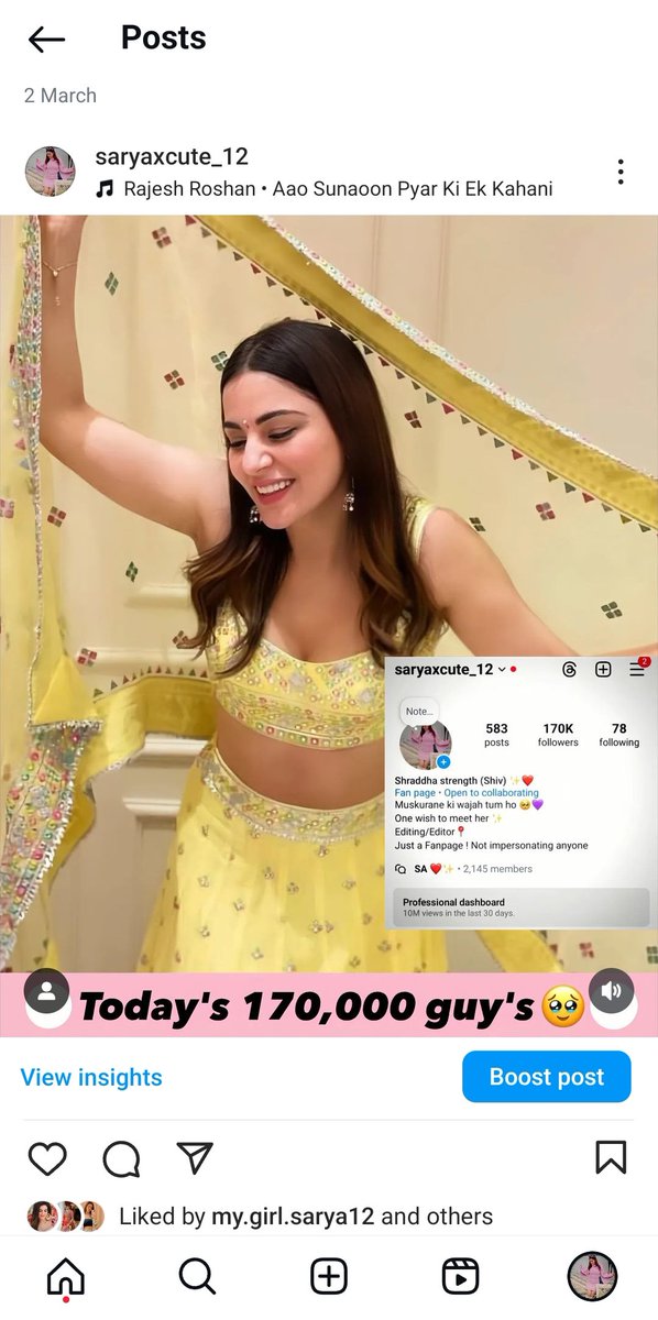 Today's we're completed 170,000 guy's 🥹😭❤️ #saryans so so glad for me yar!! Can't bilive.;) 🥹💘🫀

|| Kehte hai na, dil se Karo or saaf man se to zaroor hoga! Duniyaa ki koi takkat nhi rok payegi tumhe || 🥺🎀

<a href="/AryaSmilesa/">shraddha arya</a>