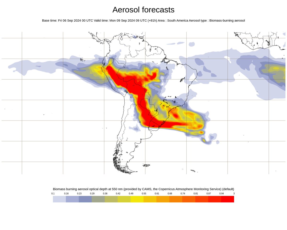 AficionadoMeteo's tweet photo. Humo sobre Río Grande Del Sur y Departamentos fronterizos de Uruguay. De los incendios en Brasil y Bolivia 🔥 +Lluvia negra: partículas de hollín contaminantes. Presentes en la atmósfera. Domingo 08 a lunes 09. Pronóstico #CAMS. #Aclarar La lluvia ácida: son partículas de volcán. https://t.co/rqsg4X7GI6