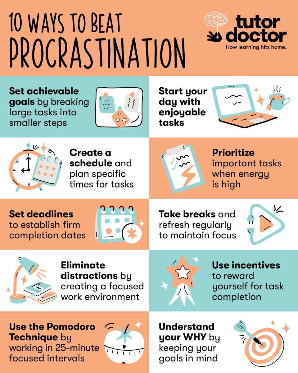 TutorDoctorNM's tweet image. Today is Fight #Procrastination Day! Here&apos;s are 10 ways to avoid the dreaded phrase &quot;I&apos;ll just do it later...&quot; 👇 #ProductivityTips #StudentTips