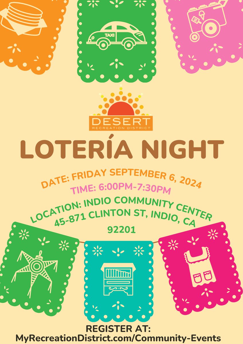 We have Lotería Night tonight (9/6) at our Indio Community Center from 6-7:30pm.  To sign up, go here myrecreationdistrict.com/community-even…