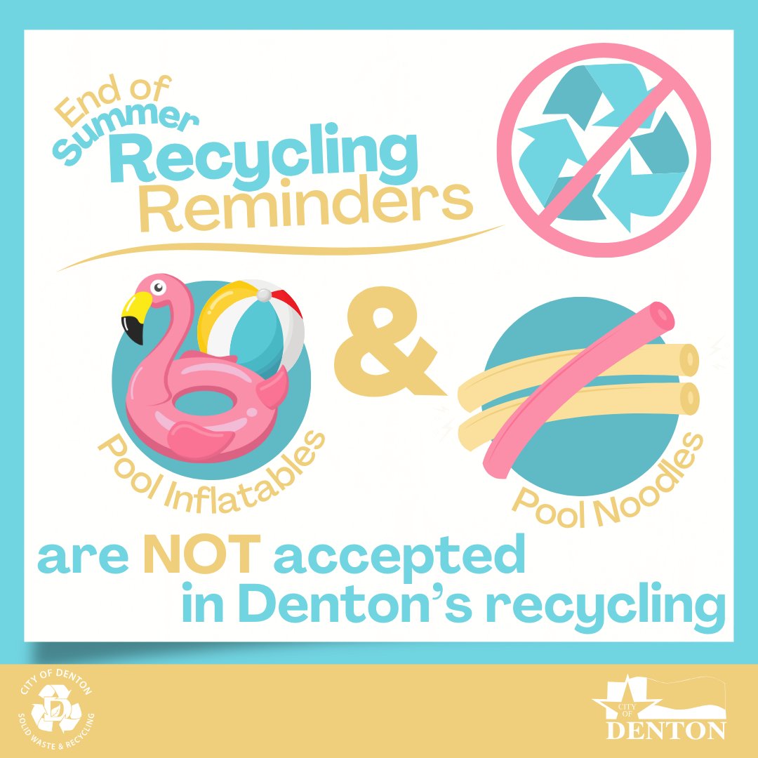 DentonRecycles's tweet image. With summer coming to a close, remember to keep items like pool inflatables and pool noodles out of the recycling. 🚫♻️

Instead, store them away to reuse and keep the summer fun going next year! ☀️

#EndOfSummer #KnowWhatToThrow