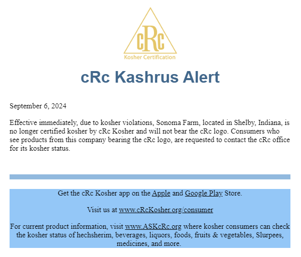 cRcKosher's tweet photo. Effective immediately, due to kosher violations, Sonoma Farm, located in Shelby, Indiana, is no longer certified kosher by cRc Kosher and will not bear the cRc logo. #kosher #kosheralert https://t.co/AzO2PbdbWW