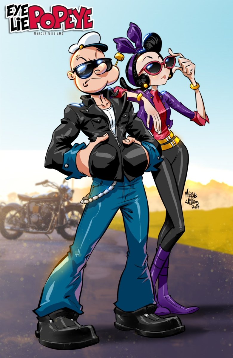 A Motorcycle Date for Popeye and Olive. Don't worry, they're not upset in this shot, they were simply asked to look cool for the photo. 
If you haven't got your hands on a copy of issue #1 of EyeLie Popeye yet, definitely ask your local comic shop for ordering details! Peace.