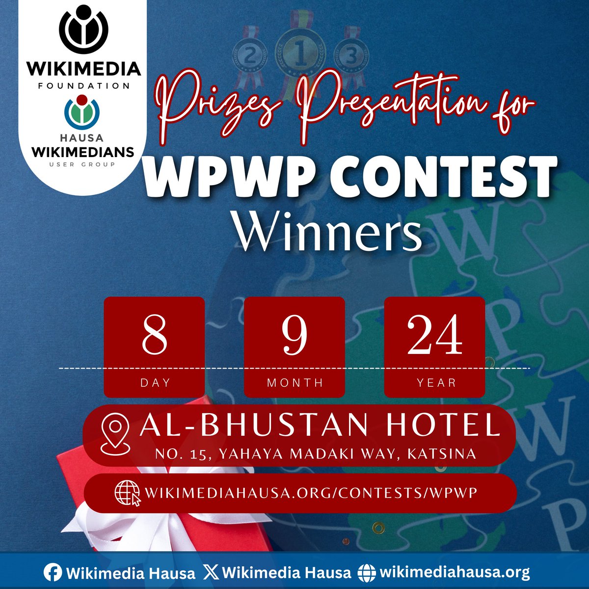 Wikimedia Hausa (@wikimediaha) on Twitter photo Wikimedia Hausa will unveil the winners of the <a href="/WPWPCampaign/">WPWP Campaign</a> Contest for the Hausa Community during this special Prizes Presentation Event that will take place in Katsina on Sunday, 8th September.
#wikimedia #wikipedia Wikimedia Hausa will unveil the winners of the <a href="/WPWPCampaign/">WPWP Campaign</a> Contest for the Hausa Community during this special Prizes Presentation Event that will take place in Katsina on Sunday, 8th September.
#wikimedia #wikipedia