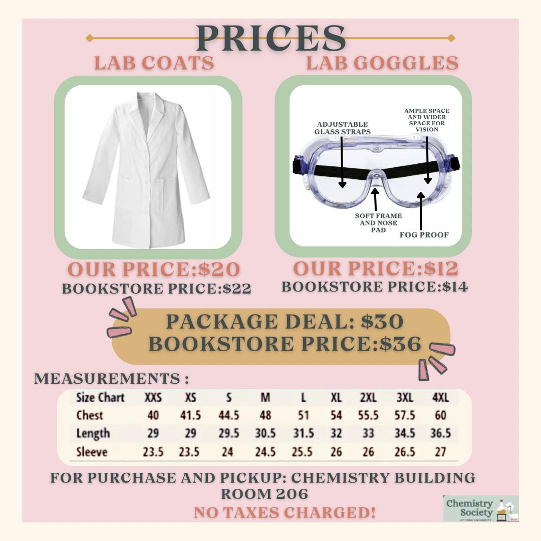 Get your discounted CSY lab coats and fog-proof goggles! Limited supplies available on a first-come, first-serve basis, so order now and pick up on September 4th. Payment by cash or e-transfer only!