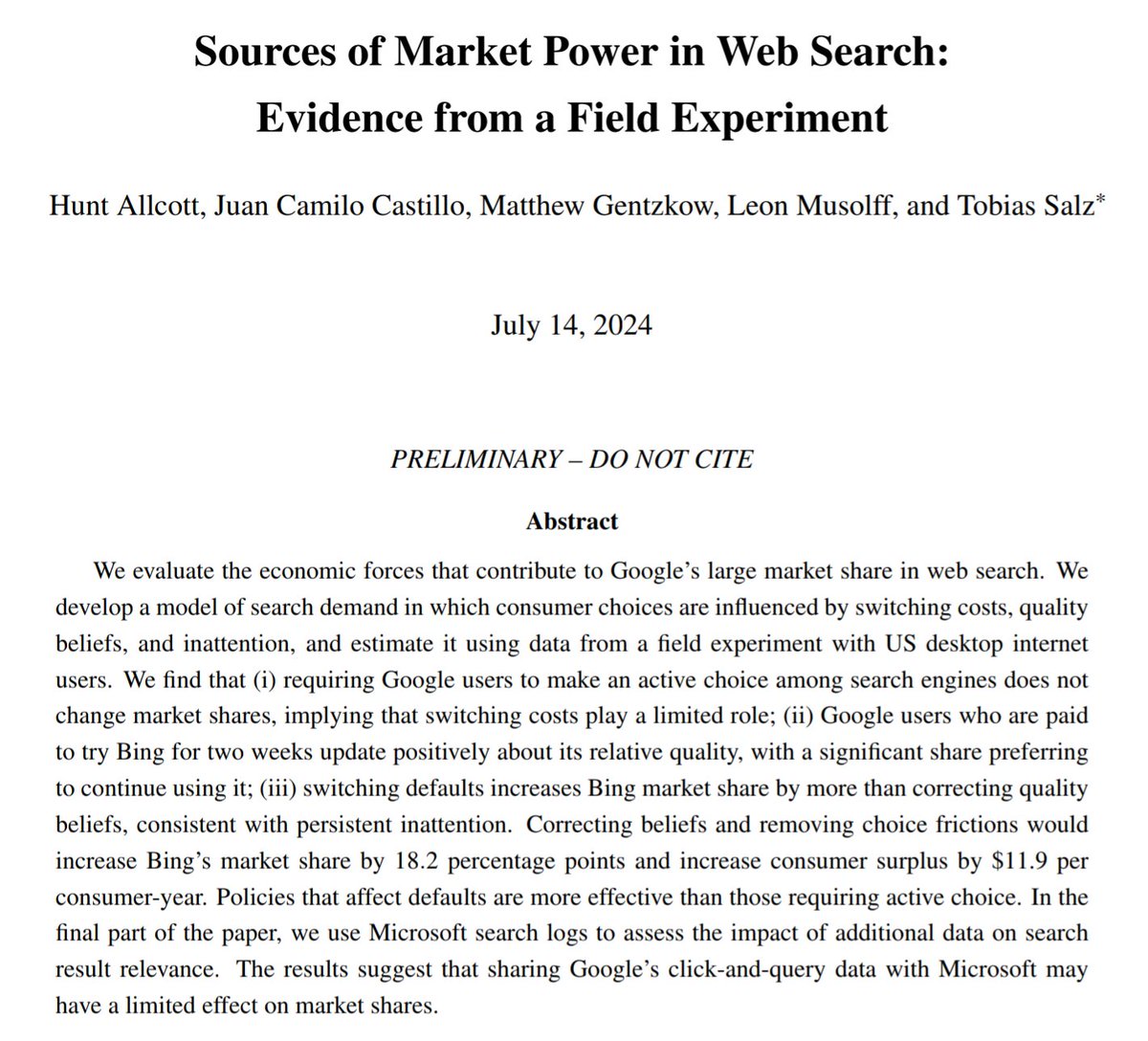 florianederer's tweet photo. Why is Google's market share in web search so high?

1) switching costs play a limited role 
2) perceived (rather than actual) quality differences
3) switching defaults increases Bing market share by more than correcting qualitybeliefs, consistent with persistent inattention https://t.co/EX6h8vcW9d