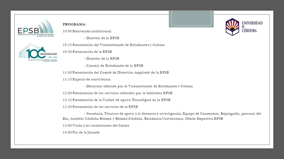 El próximo lunes día 16 de septiembre a las 10:00 horas, la <a href="/epsb_uco/">Escuela Politécnica Sup. de Belmez Univ. Córdoba</a> dará la bienvenida a su alumnado de nuevo ingreso con el programa que se detalla a continuación. Con ganas de empezar el curso y conoceros a todos. ¡Os esperamos!