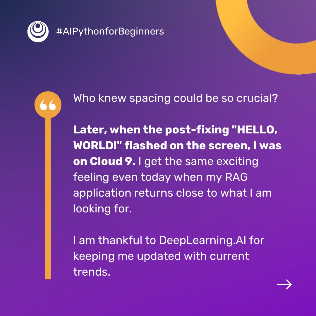 DeepLearningAI's tweet photo. Meet Shivkumar Iyer, who started his coding journey with Fortran 77 back in 1998. From battling cryptic spacing errors to feeling the thrill of getting "Hello, world!" right, he’s still chasing that same excitement today with #AIPythonforBeginners. 🙌
Share your own story with us and don’t forget to tag us on your post!
All courses in AI Python for Beginners are live. Start learning today: https://t.co/EC5lcOoZ10