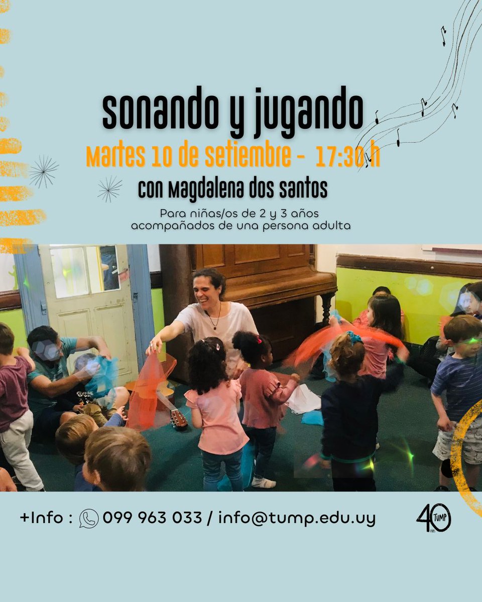 TUMP (@tumpuruguay) on Twitter photo SONANDO Y JUGANDO DE SETIEMBRE 🎵🎶
Para niñas/os de 2 y 3 años acompañados de una persona adulta. ¡Inscripciones abiertas!
👉🏼Más info e Inscripciones:
info@tump.edu.uy
Whatsapp (mensajes): 099 963 033
tump.edu.uy SONANDO Y JUGANDO DE SETIEMBRE 🎵🎶
Para niñas/os de 2 y 3 años acompañados de una persona adulta. ¡Inscripciones abiertas!
👉🏼Más info e Inscripciones:
info@tump.edu.uy
Whatsapp (mensajes): 099 963 033
tump.edu.uy