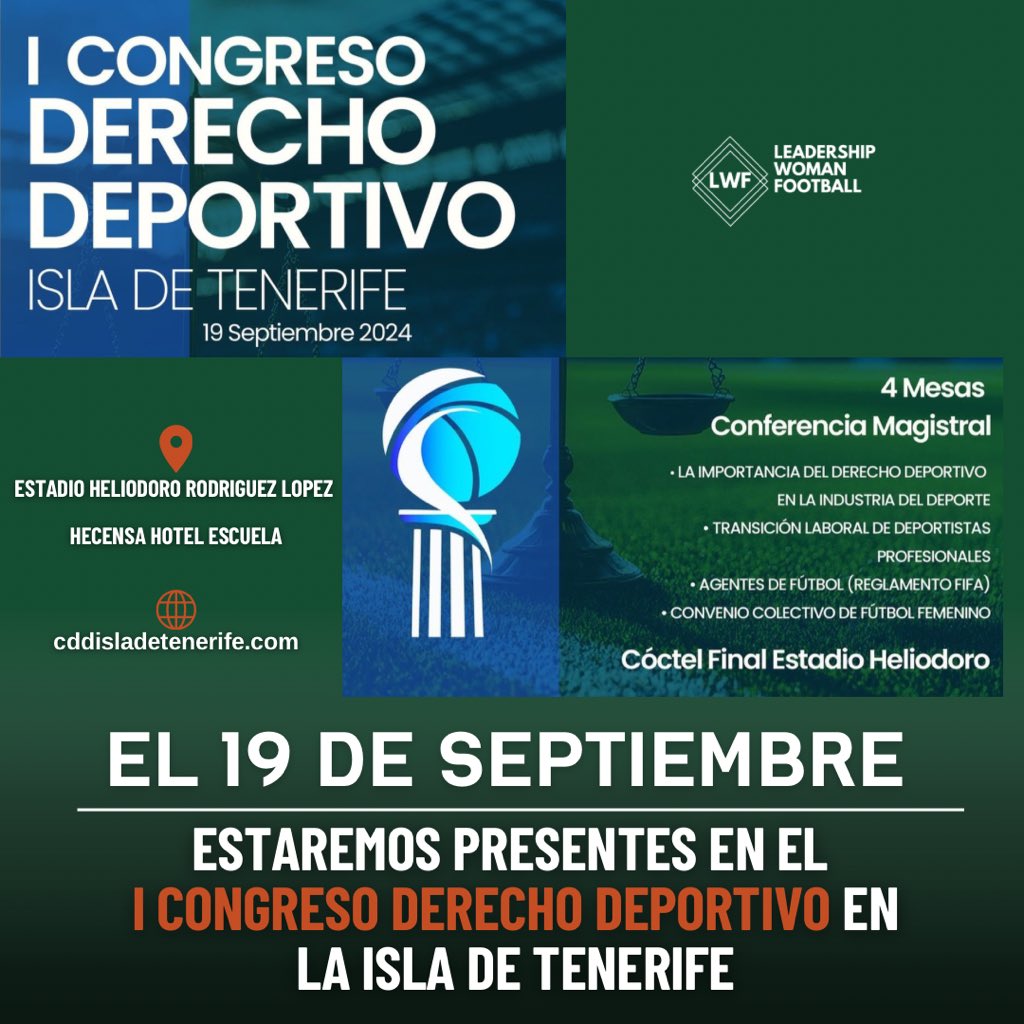 LWFplatform's tweet image. 🗓️ El 19 de septiembre será el I Congreso de Derecho Deportivo Isla de Tenerife. Nuestra presidenta, @ReBellver , participará en una mesa redonda sobre el Convenio Colectivo del fútbol femenino ⚽👩‍⚖️ 🙌✨ Más info y entradas aquí: cddisladetenerife.com