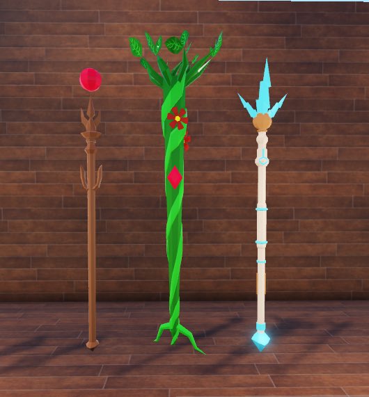 Ch19hamada's tweet image. Mage wands (weapons) for default mage, electric and leaf theamed one. All modelled and textured in Blender 4.2 , exported to ROBLOX Studio #ROBLOX #robloxstudio #robloxweapons #wands #magic #RobloxGames #RobloxCharacter