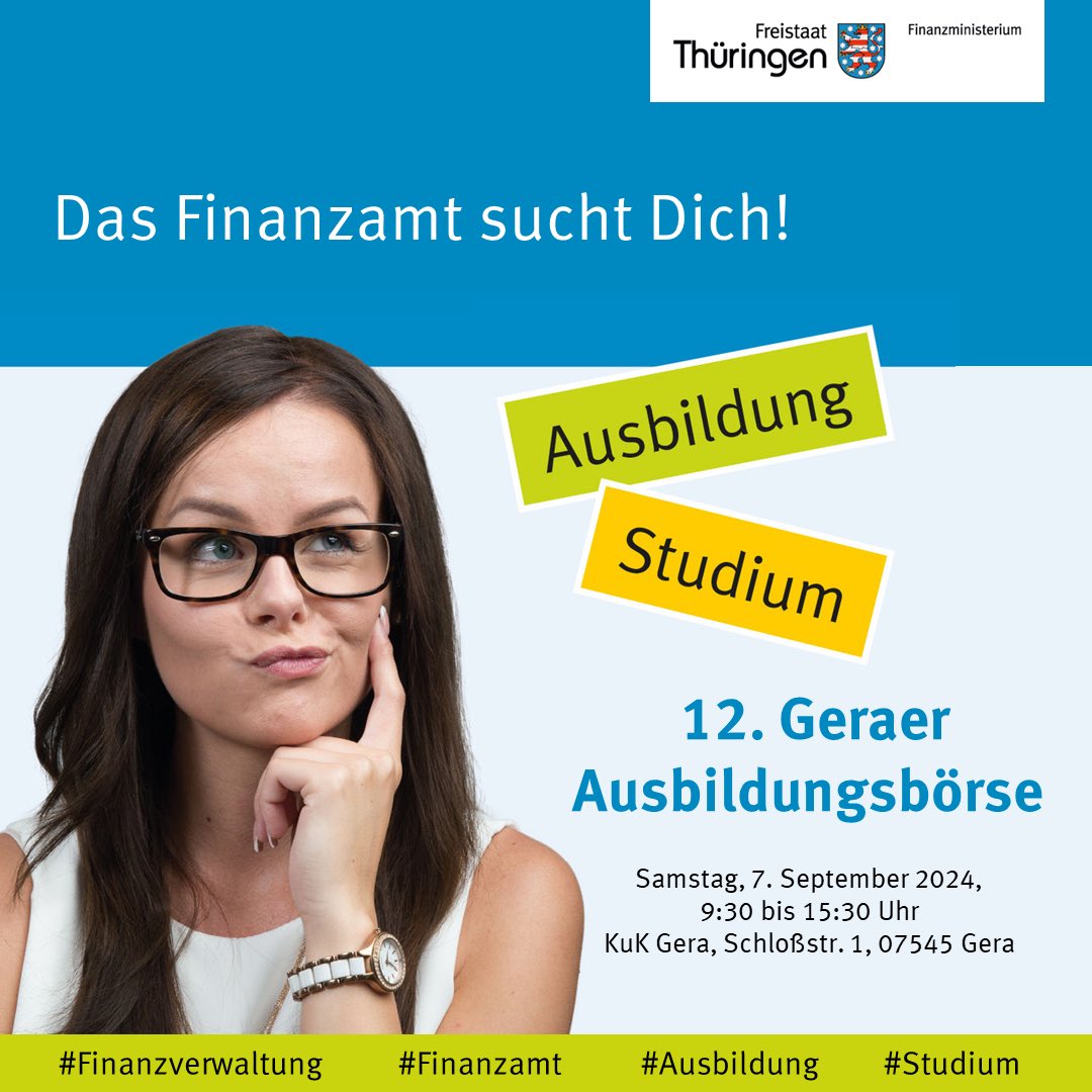 #wirsuchenDich
…für eine Ausbildung oder ein duales Studium in der #Steuerverwaltung TH.

Besuche den Stand des Finanzamts #Gera &amp; informiere Dich über #Ausbildung/#Studium/#Praktikum im #Finanzamt. Wir freuen uns auf deinen Besuch!

Alle Infos im Bild.👇