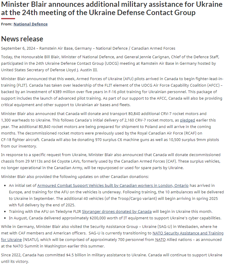 Canada has announced new military aid to Ukraine:
-80,840 CRV-7 rocket motors and 1,300 warheads
-970 C6 machine guns
-10,500 9mm pistols
-Decommissioned chassis from 29 M113s and 64 Coyote LAVs
canada.ca/en/department-…