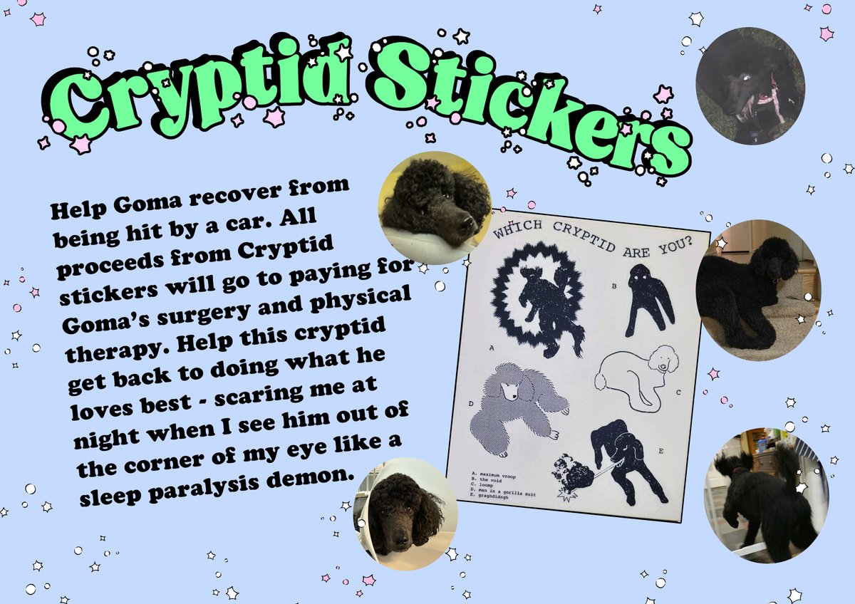 UchuuSummer's tweet photo. Also if you'd like to support Gabby's dog Goma, we have cryptid stickers up in the shop!! https://t.co/Jxypo4aclT