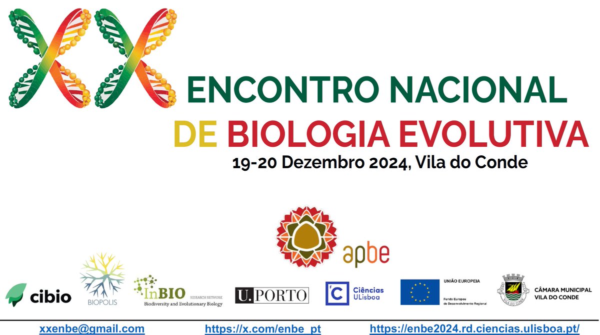 XX ENBE (@enbe_pt) on Twitter photo We are happy to announce that the XXth edition of the Annual Meeting of the Portuguese Society for Evolutionary Biology (ENBE) will be held in Vila do Conde on the 19th and 20th of December 2024.  
Check our website and spread the word 🧬🧬
More information coming soon. We are happy to announce that the XXth edition of the Annual Meeting of the Portuguese Society for Evolutionary Biology (ENBE) will be held in Vila do Conde on the 19th and 20th of December 2024.  
Check our website and spread the word 🧬🧬
More information coming soon.