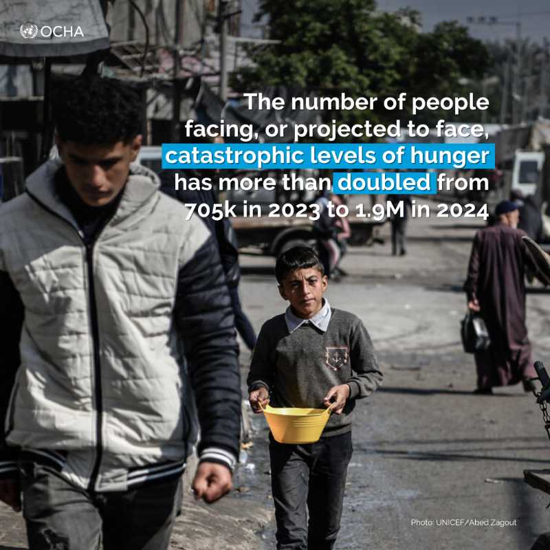 UNOCHA's tweet photo. Global hunger has deteriorated significantly this year, driven by conflict in #Gaza and #Sudan.

Shocks, such as intensifying conflict, El Ninõ-induced drought and high domestic food prices, have worsened the crisis.

More in the latest Global Report on Food Crises update. ⏬