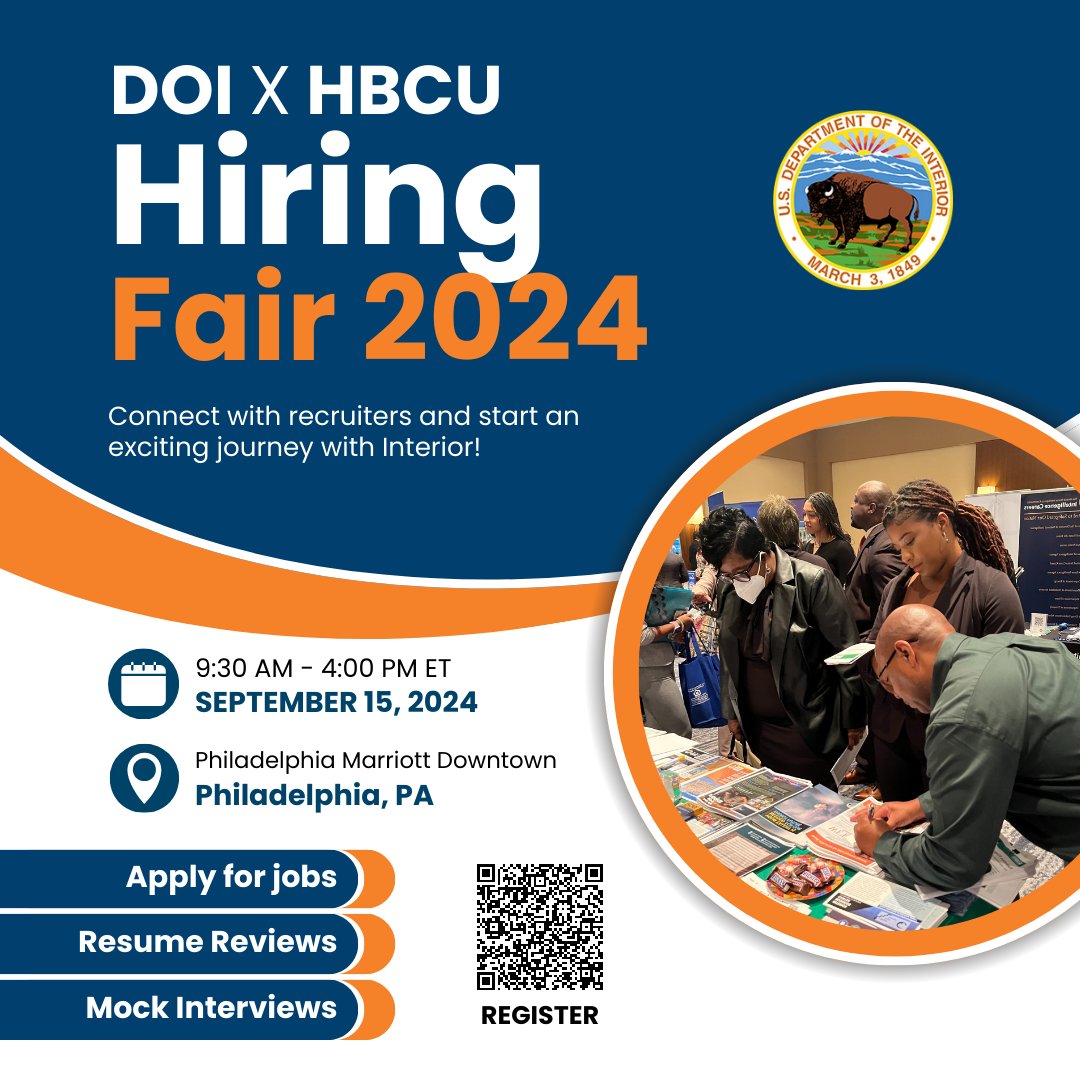 🌟 Meet us at the 2024 #HBCUWeek Conference "Raising the Bar: Where Excellence and Opportunity Meet" from Sept 15-19 in Philadelphia, PA. Learn about our mission &amp; careers!

Register: ow.ly/gL6050ThzCH
Explore DOI Careers: ow.ly/5hcv50ThzCG 

#FederalJobs #WorkWithUs