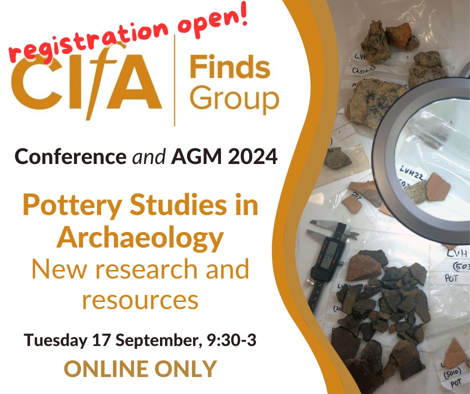 Not  long now til our online AGM and Conference on Tue 17 September! 
Make sure you register below, whether you're a sherd nerd attending the whole day or a not pot Finds SIG member just in it for the AGM (AGM only = free).
REGISTER: archaeologists.net/civicrm/event/…