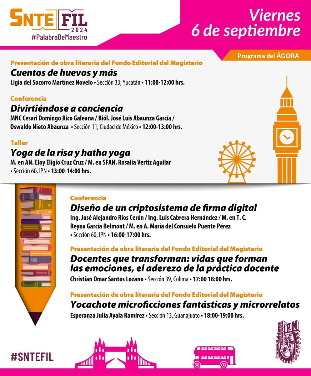 #PalabraDeMaestro 👩🏻‍🏫👨🏻‍🏫

🗒️Programa del Ágora | #6deSeptiembre | Hoy se presentarán tres obras literarias, dos conferencias y un taller. Participarán en esta jornada las secciones 11, #CdMx; 13, #Guanajuato; 33, #Yucatán; 39, #Colima y 60 #IPN. #FILIPN 2024. 
Consulta horarios 👇