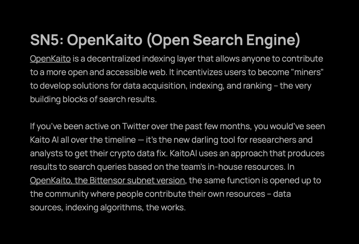 KaitoAI's tweet photo. 5 Cool Bittensor Subnets to Test Out

Great write up from Bankless on Bittensor subnets.

Super excited to show you all what we've been building in the background using OpenKaito's Subnet 5.

Soon 👉 @openkaito