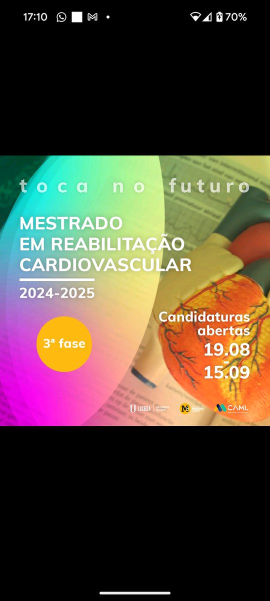 Rita Pinto (@ritapintoul) on Twitter photo 🌍🫀 Ready to learn more about Cardiac Rehabilitation?
Our Master Degree in Cardiovascular Rehabilitation is one of the few specialized courses available in this field.
Apply now, the course will be taught in ENG.
<a href="/EAPCPresident/">EAPCPresident</a> <a href="/fjpinto1960/">Fausto Pinto</a> <a href="/ULisboa_/">ULisboa</a>
medicina.ulisboa.pt/en/cardiovascu… 🌍🫀 Ready to learn more about Cardiac Rehabilitation?
Our Master Degree in Cardiovascular Rehabilitation is one of the few specialized courses available in this field.
Apply now, the course will be taught in ENG.
<a href="/EAPCPresident/">EAPCPresident</a> <a href="/fjpinto1960/">Fausto Pinto</a> <a href="/ULisboa_/">ULisboa</a>
medicina.ulisboa.pt/en/cardiovascu…