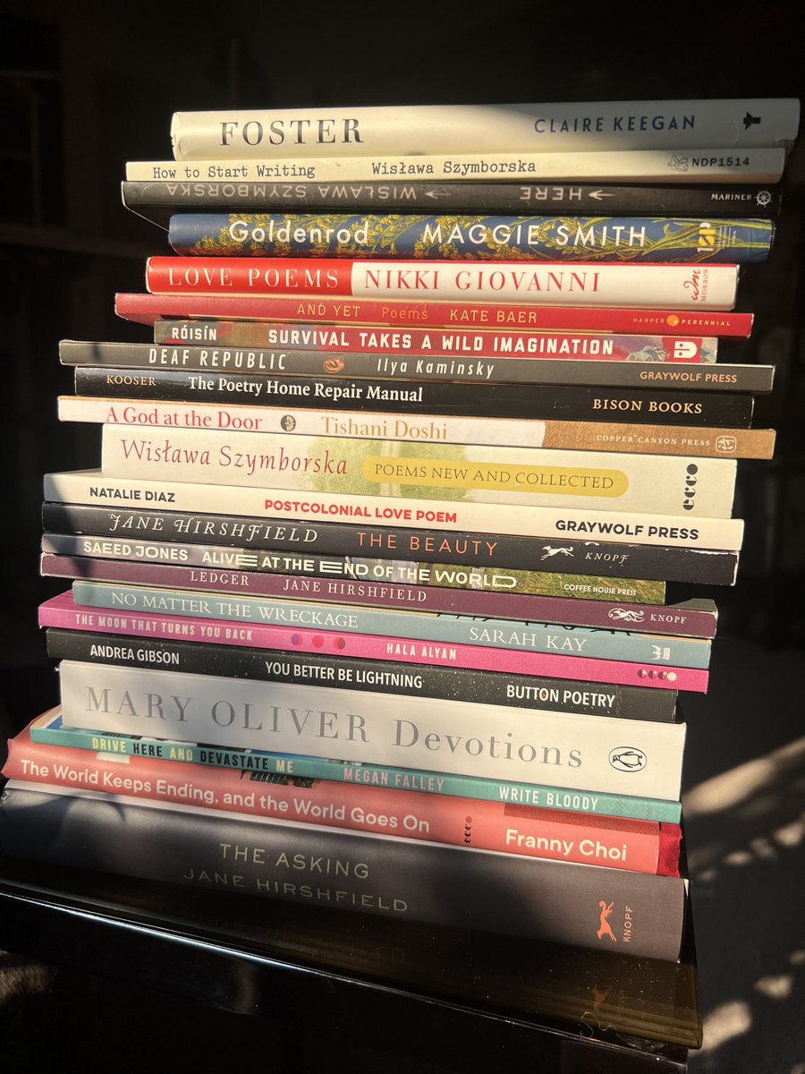 jenhal's tweet image. Vacuumed under my bed, which meant I had to relocate my emotional support library that’s always there. These are the collections that I currently need at my fingertips.