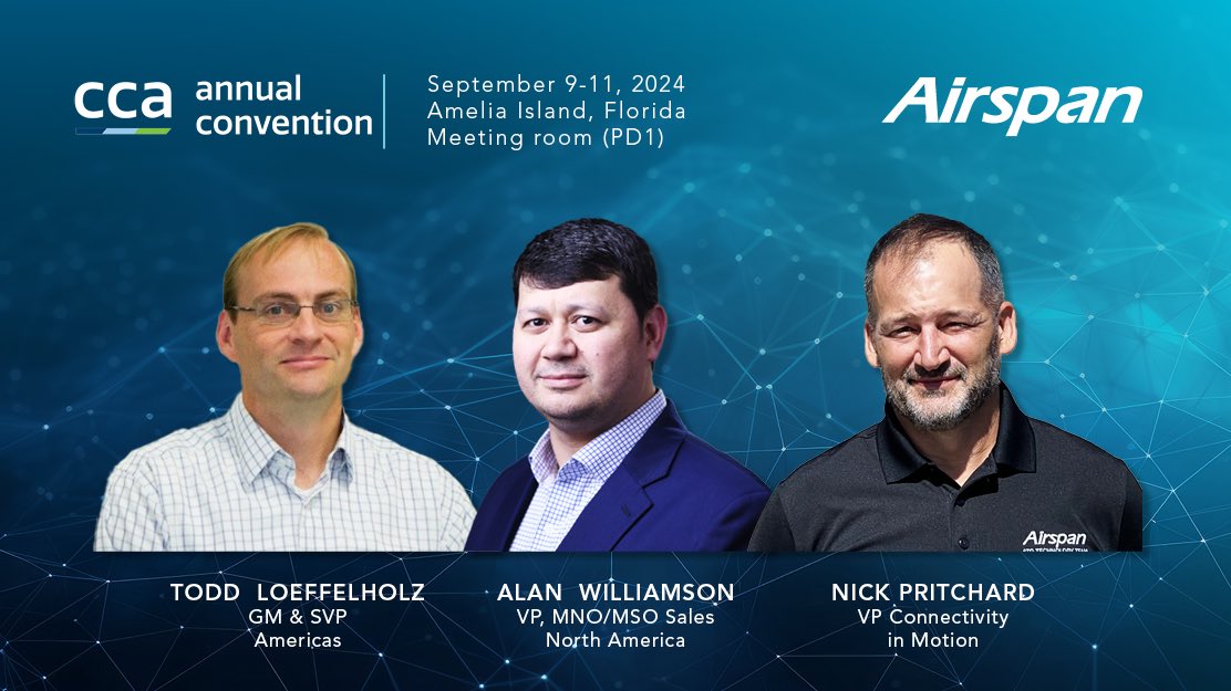 Heading to #CCA2024? 
Meet our team in Meeting Room PD1 at the <a href="/CCAmobile/">Competitive Carriers Association</a> Annual Convention! Our experts will be showcasing Airspan’s next-gen solutions and exploring #FWA, and Public &amp; Private Networks. Let’s discuss how we can elevate your wireless connectivity goals!

#5G