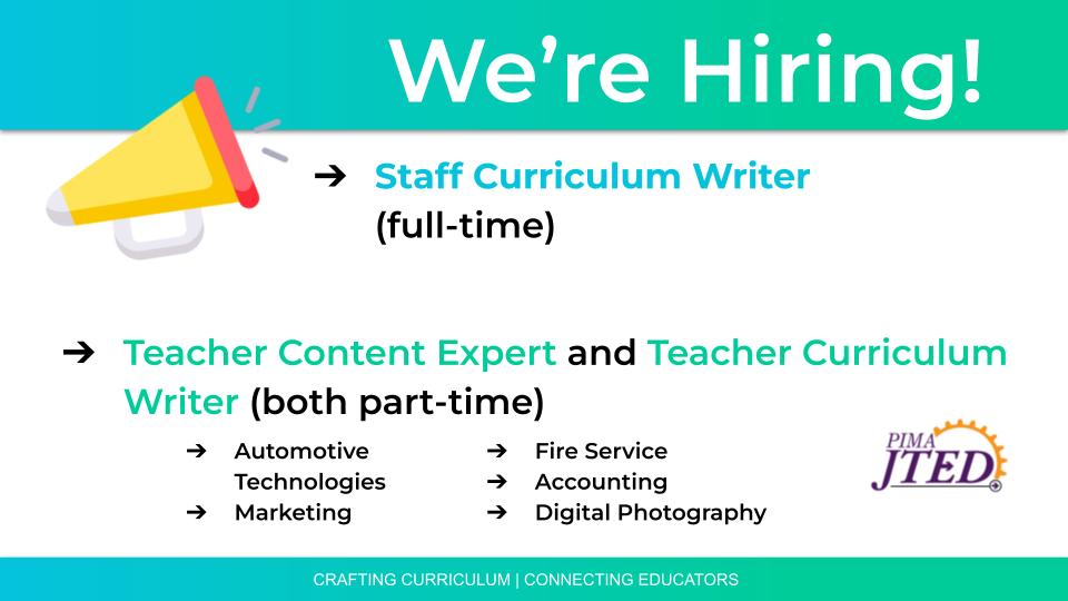 Join a team passionate about developing high-quality #careerteched curriculum! Apply today to work for the Arizona CTE Curriculum Consortium through Pima JTED. applitrack.com/pimajted/Onlin… #cteworks #iamcte #careeropportunity