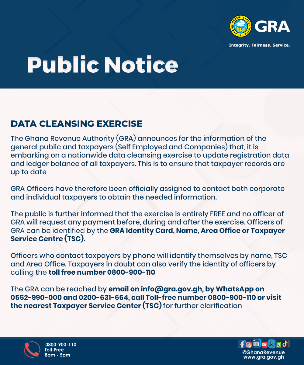 GhanaRevenue's tweet image. GRA Alert! Update your records! The Ghana Revenue Authority is conducting a nationwide data cleansing exercise to update taxpayer registration data and ledger balances. Ensure your information is up-to-date! #GRATaxUpdate #DataCleansing #TaxpayerAlert