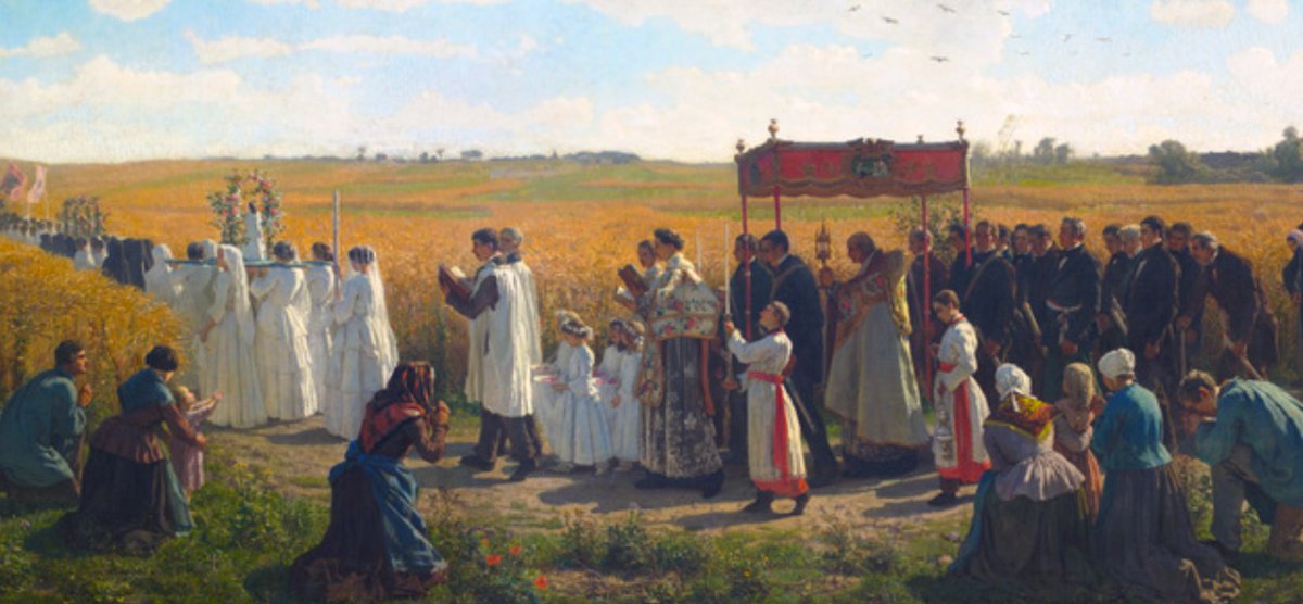 En 1728, el vecindario de #Mucientes celebra dos procesiones extraordinarias elevando rogativas para que desaparezca la plaga de pulgón que amenaza sus viñedos. La invasión es especialmente grave en los pagos de Salgüeros (sic) y Revenga.
[Ilust.: J. Breton, 1857, Museo D'Orsay]