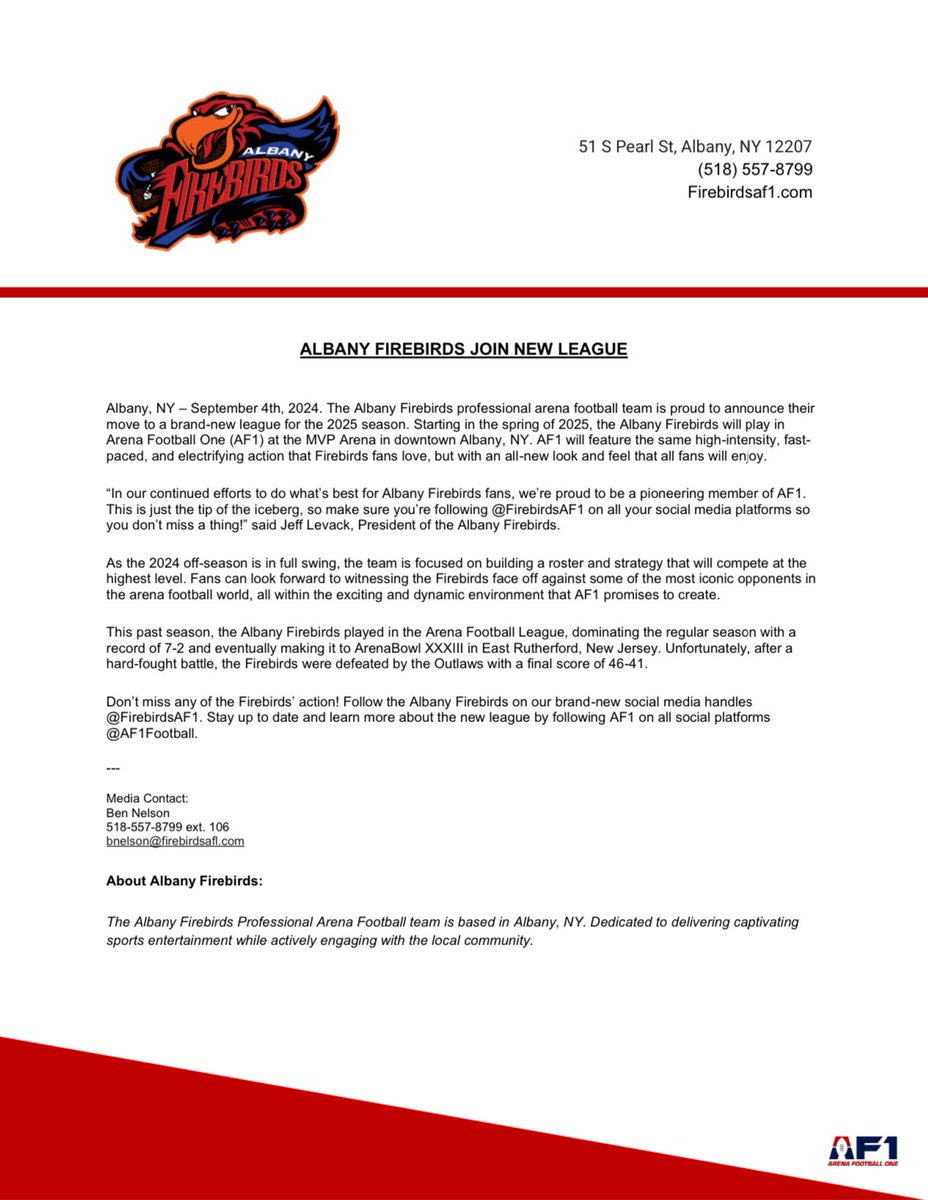Albany Firebirds release the following statement. 🔥🦅