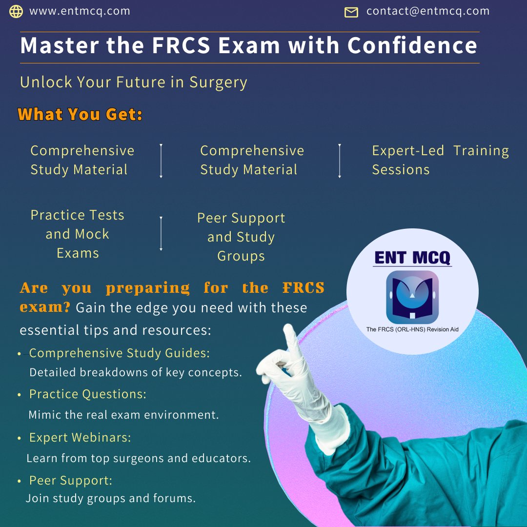 ENT MCQ - The FRCS (ORL-HNS) Exam Revision Aid (@entmcq) on Twitter photo Are you preparing for the FRCS exam?
๐๐จ๐ง๐ญ๐๐๐ญ ๐ฎ๐ฌ ๐จ๐ง support@entmcq.com and visit us on entmcq.com
#ent #entsurgery #Diagnosis #MedEd #medx #anemia #medtwittter #foamed #ecfmg #Medical #MedTech
<a href="/fxgodzeuss/">Dr.YusukeKaneko</a>
<a href="/ManualOMedicine/">Manual Of Medicine</a> Are you preparing for the FRCS exam?
๐๐จ๐ง๐ญ๐๐๐ญ ๐ฎ๐ฌ ๐จ๐ง support@entmcq.com and visit us on entmcq.com
#ent #entsurgery #Diagnosis #MedEd #medx #anemia #medtwittter #foamed #ecfmg #Medical #MedTech
<a href="/fxgodzeuss/">Dr.YusukeKaneko</a>
<a href="/ManualOMedicine/">Manual Of Medicine</a>