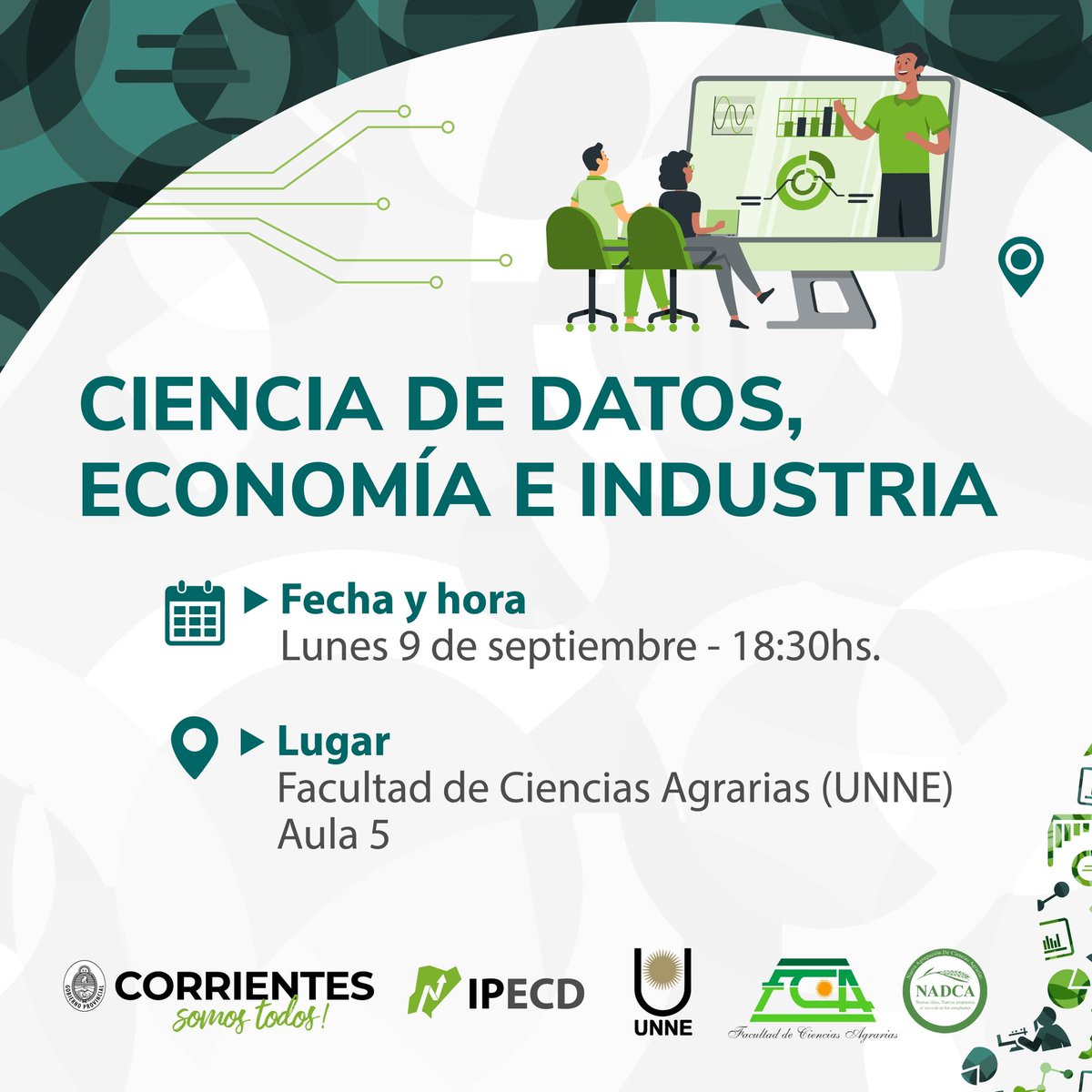 ¡Hola! 👋🏻 

Los invitamos a la charla: "Ciencia de datos, economía e industria".

🕒Fecha y Hora: Lunes 9 de septiembre - 18:30hs

📍Dirección: Facultad de Ciencias Agrarias (UNNE) Aula 5 

¡Los esperamos!